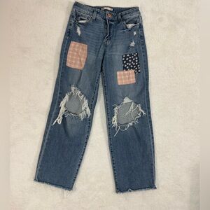SO JEANS patchwork‎ distressed high rise straight leg Juniors Sz 7/28W Boho